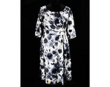 Size 12 Italian Silk 1950s Dress - Black Gray & White Floral Silk by Luisa Spagnoli - Painted Style Flowers - Swag Drape Wrap Bodice - NOS