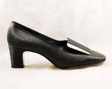 Size 8 Black Pumps - Very Mod Glossy Shoes with Sleek Silver Tone Buckle - Minimalist 60s Secretary Style - NOS 1960s Deadstock - 47874-2