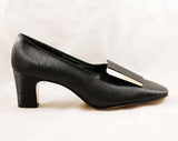Size 6 Black Pumps - Very Mod Glossy Shoes with Sleek Silver Tone Buckle - Minimalist 60s Secretary Style - NOS 1960s Deadstock - 47874-1