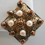 Ornate 1950s Square Filigree Clip Earrings - Fall - Goldtone - Gold Color Metal - Dimensional - Lacy Metalwork - Brown - Brass - 32943