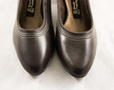 Size 6.5 Brown Shoes - Retro 1970s Dark Chocolate Brown Faux Leather 1930s Style Pumps - 6 1/2 M - Stitched Detail - 30s Look NOS Deadstock