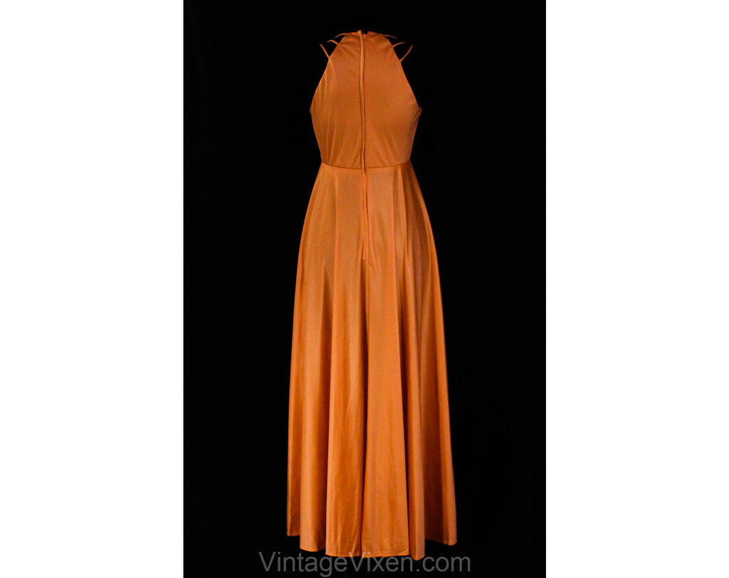 Small 1970s Peach Evening Dress with Triple Straps - Sexy Size 6 Summe Vintage Vixen Clothing Small 1970s Peach Evening Dress with Triple Straps - Sexy Size 6 Summe Vintage Vixen Clothing