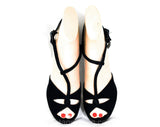 Size 7.5 Navy 1940s Shoes - 40s Open Toe Suede Heels with Elegant Asymmetric Dovetailed Straps - 40's 50's Pumps - 7 1/2 WWII Era Deadstock