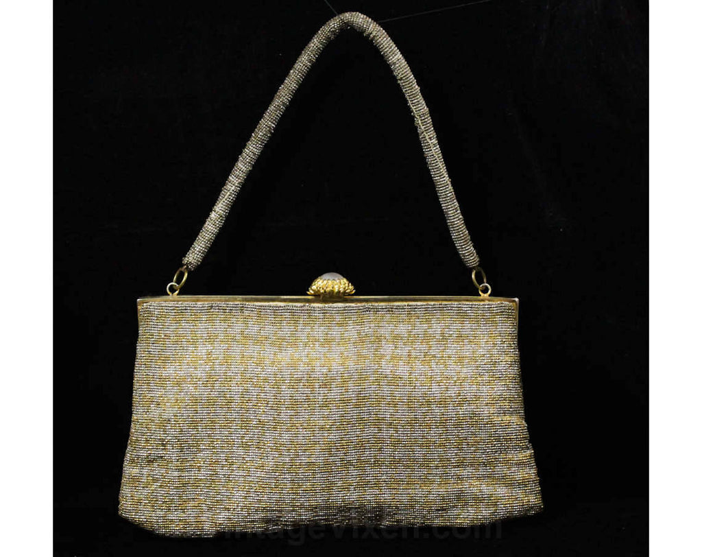 1950s Gold & Silver Purse - 50s Metallic Formal Handbag - Posh Glamour Girl Evening Bag - Beaded Houndstooth Pattern - Hand Made in France