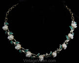 White Roses Jewelry Set - 50s Necklace Bracelet Earrings - Sweet Feminine Spring Summer 1950s 1960s - Jade Green Painted Leaves - 50579