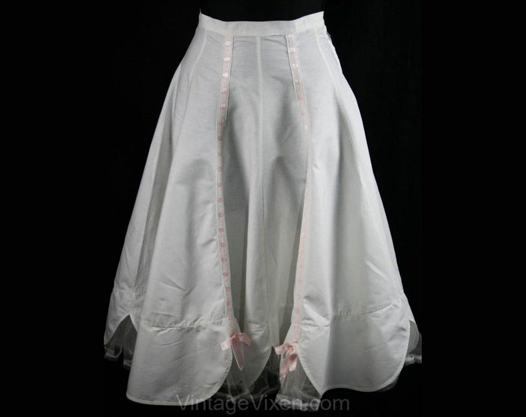 XXS 50s Skirt - Dainty 1950s White Cotton Petticoat with Pink Ribbon - Size less than 000 - Anne Fogarty NOS Crinoline - Waist 21 - 34254-2