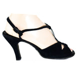 Size 7.5 Navy 1940s Shoes - 40s Open Toe Suede Heels with Elegant Asymmetric Dovetailed Straps - 40's 50's Pumps - 7 1/2 WWII Era Deadstock