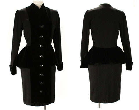 Size 2 Designer Dress with Peplum - Couture Quality Cocktail by Andrea Odicini - 80s 90s with 1940s New Look - Gorgeous Black Wool & Velvet