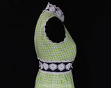 Size 2 Lime Gingham Dress - 60s 70s Sleeveless Empire Summer Gown - Spring Green & Navy Blue Cotton Maxi Dress - White Daisy Lace - Waist 24