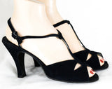Size 7.5 Navy 1940s Shoes - 40s Open Toe Suede Heels with Elegant Asymmetric Dovetailed Straps - 40's 50's Pumps - 7 1/2 WWII Era Deadstock