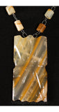 Hippie 1970s Tawny Striped Quartz Pendant Necklace - Orange Amber Beige Stone - 70s Artisan Look - South American Style - Primitive - 35665