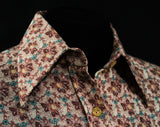 Size 6 Mauve Floral Shirt - 1970s Antique Style Peaches & Cherries Fruit Print Top - Small Long Sleeve 70's - Burgundy Blue Pink - Bust 34