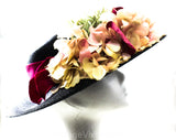 1940s Black Picture Hat with Pink Flowers & Velvet Ribbon - Girlish 40s Spring Cartwheel Wide Brim - Estate of Hollywood Starlet Gladys Glad