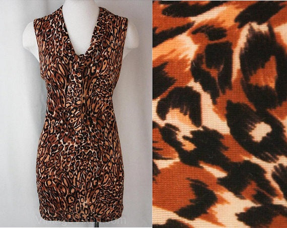 Large Leopard Print 1960s Mini Dress - Size 12 Novelty Print Summer Sleeveless Sheath - Tawny Sexy 60s Go Go Girl - Brown & Black - Bust 37
