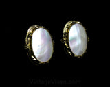 Whiting & Davis Earrings - Victorian Revival Clips - Polished White Shell and Gold - Ornate Flower Accented Goldtone Metal - 50s 60s Jewelry
