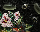 1950s Bead Collage Handbag - Needlepoint Flowers Kitsch 50s 60s Purse - Collectable Black Taffeta Bag with Marbled Glitter Cabochons