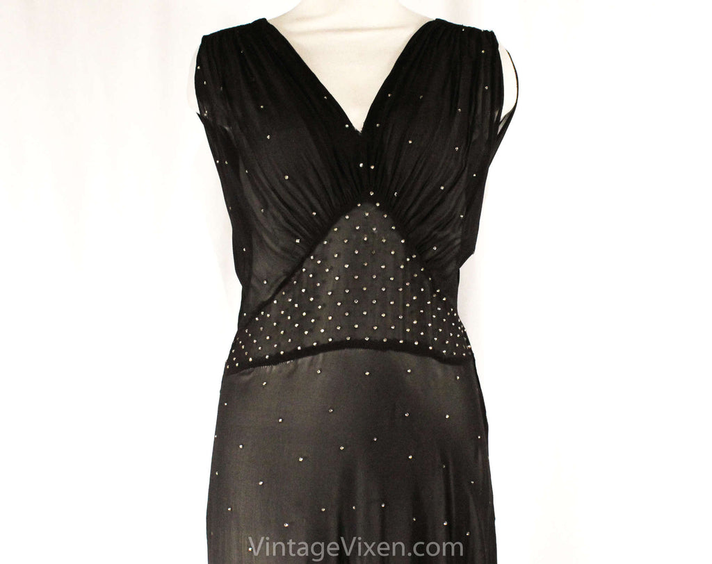 Size 12 1930s Evening Dress - Sheer Black Chiffon & Rhinestones - Auth Vintage Vixen Clothing Size 12 1930s Evening Dress - Sheer Black Chiffon & Rhinestones - Auth Vintage Vixen Clothing