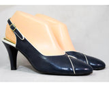 Size 8 Navy Blue Shoes - Never Worn 1980s Career Woman Heels - Late 70s Early 80s Slingback - White Chevron Toe - Hush Puppies NOS Deadstock