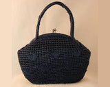 Vintage 1960s Navy Raffia Handbag with Berries Motif - 60s Purse - Made In Japan - Summer - Charming - Classic - Casual - Blue - 36865-1