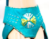 Size 7.5 Exotic Turquoise Sandals - 1960s Aqua Blue Leather Summer Shoes - Persian Style Magic Carpet Slides - Upturned Point Toes - 7 1/2 B