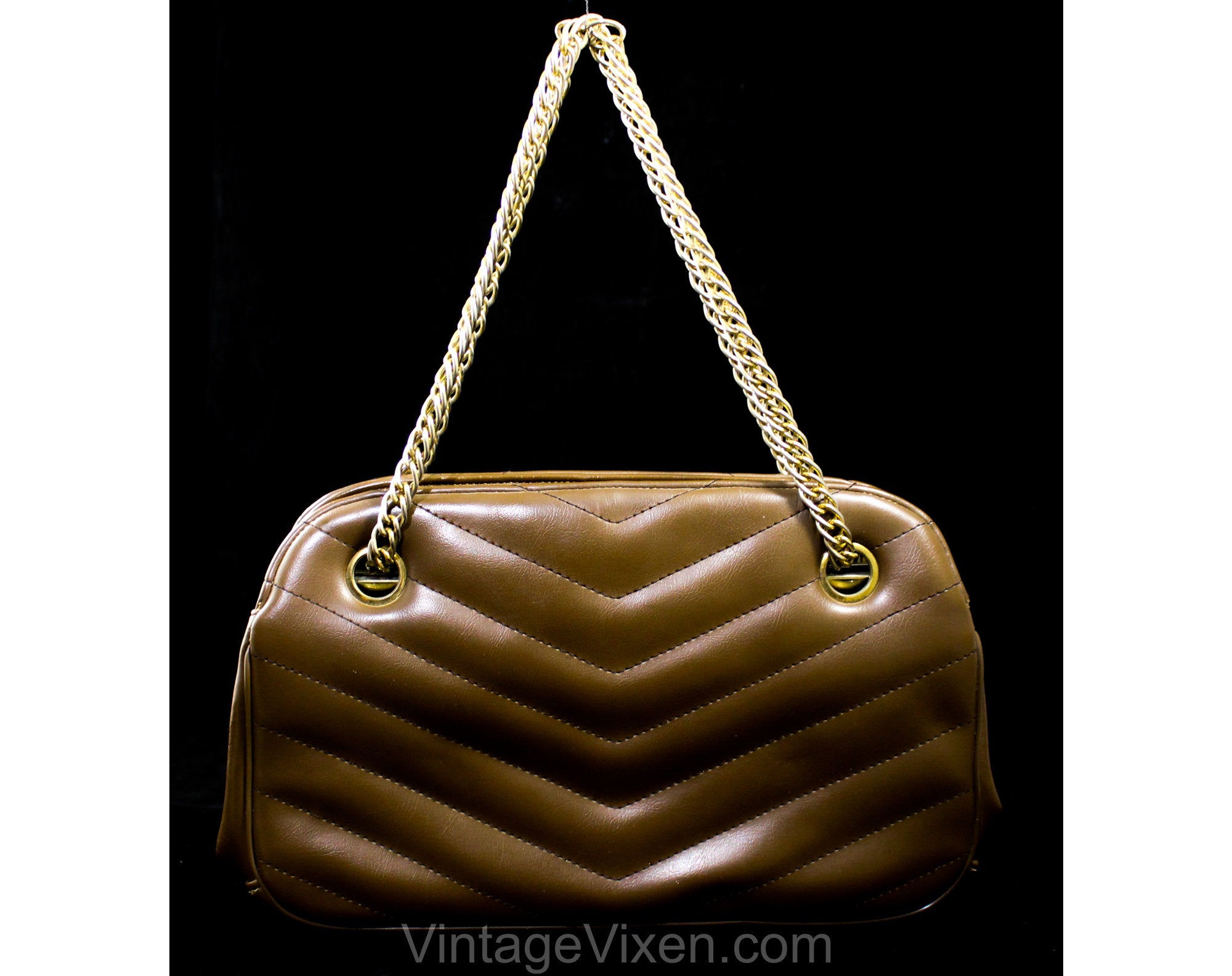 Chic 1960s Brown Purse - Chevron Vinyl Shoulder Bag with Chain