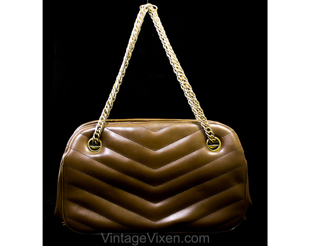 Chic 1960s Brown Purse - Chevron Vinyl Shoulder Bag with Chain Strap & Mod Grommets - Fall Autumn 60s Handbag - Daytime Go Go Girl Chic