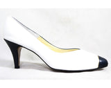 Size 10 Unworn Navy & White Leather Pumps - 1980s Dark Blue Faux Snakeskin Shoes - 1950s Inspired Two Tone Heels - 10M 80s NOS Deadstock