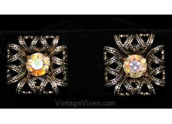 Beautiful 1960s Square Filigree Clip Earrings with Rhinestones - Victorian Style - Antique Look - Fall - Silvertone Metal - 50s 60s - 32182