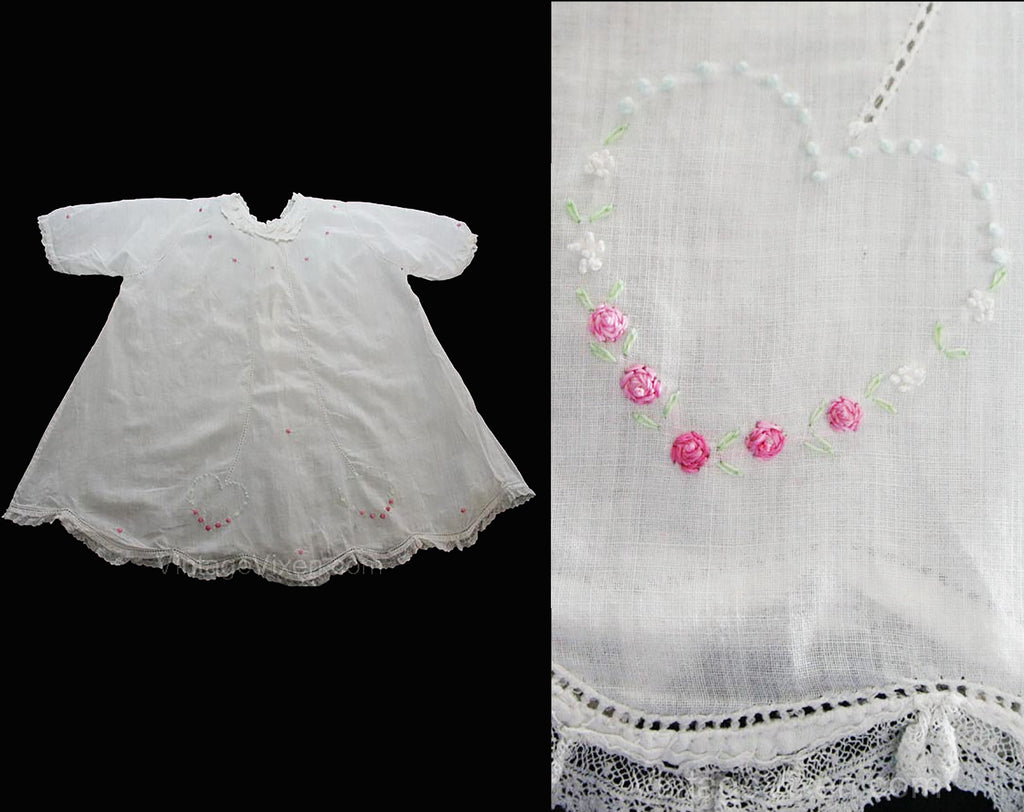 1910s Infant's Dress and Slip - Size 6 Months - White Organdy & Dainty Embroidered Hearts - Pink Rosebuds Antique Baby Dress - 26706