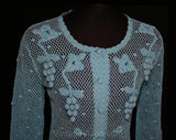 Size 6 Special Cardigan - Turquoise Blue Fishnet Crochet with Grapes Motif - Spring - Fish Net - Hand Crochet - Bust 35.5 - Hip 35.5 - 28285