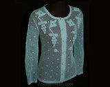 Size 6 Special Cardigan - Turquoise Blue Fishnet Crochet with Grapes Motif - Spring - Fish Net - Hand Crochet - Bust 35.5 - Hip 35.5 - 28285