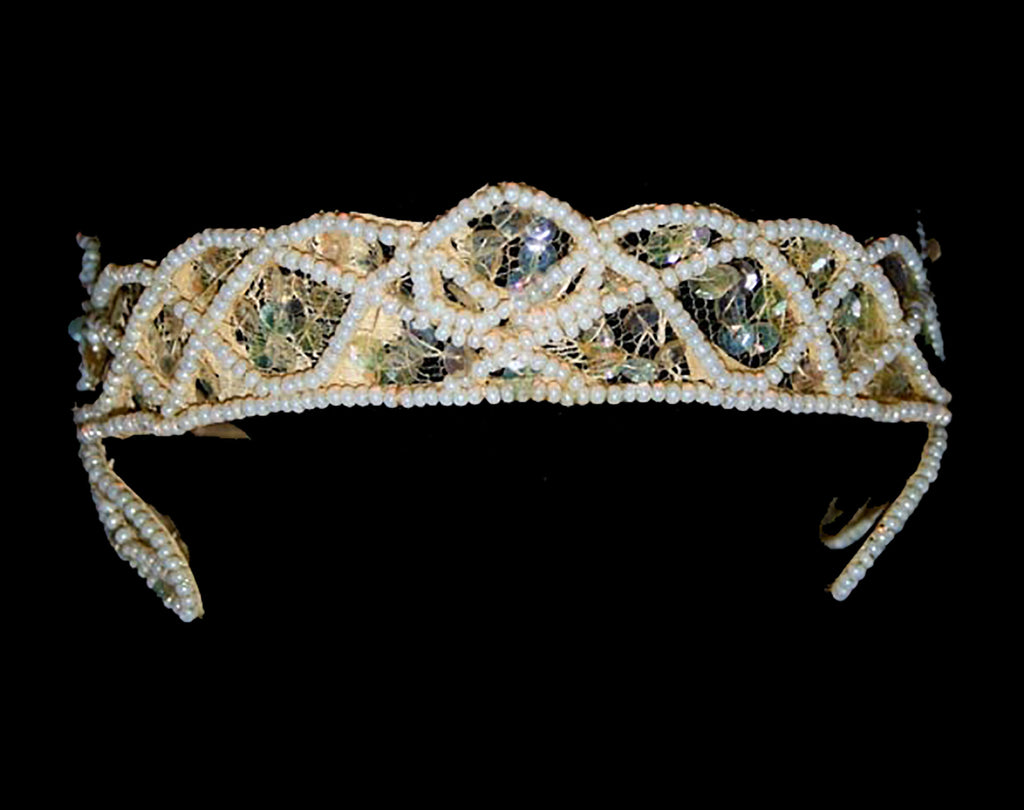 1950s Bridal Wedding Crown - Vintage Tiara Headpiece - Pearly White Pearlescent Beads & Sequins - Elegant 50s Princess Style Head Piece