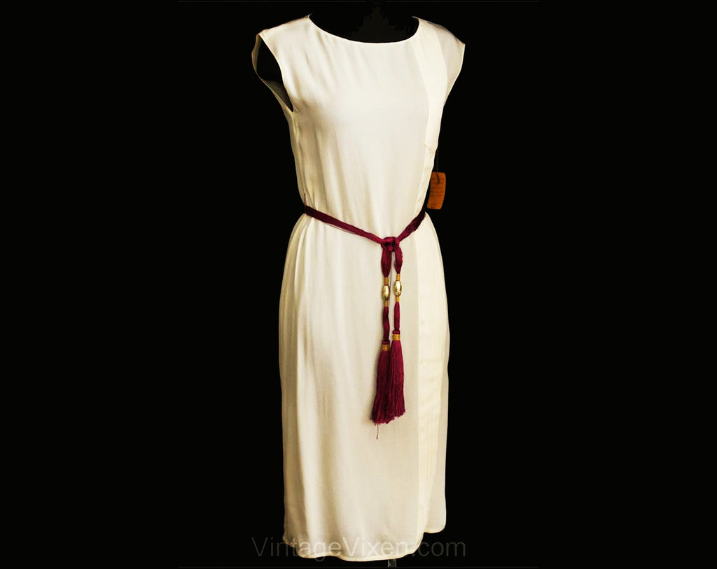 Size 4 White Dress - Minimalist 1980s Crepe Sheath with Asian Tassel Belt - Bust 33 - Hip 35 - Small - New Old Stock - Deadstock - 34841