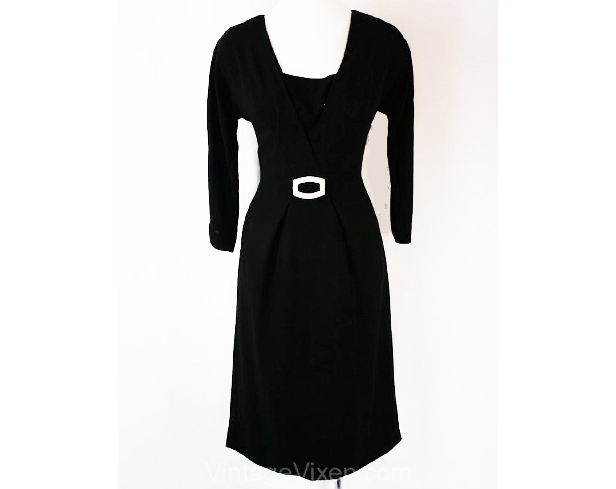 Size 8 Cocktail - Sleek 1950s Black Crepe Dress with Deco Shell Buckle Vintage Vixen Clothing Size 8 Cocktail - Sleek 1950s Black Crepe Dress with Deco Shell Buckle Vintage Vixen Clothing