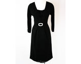 Size 8 Cocktail - Sleek 1950s Black Crepe Dress with Deco Shell Buckle - Elegant LBD - 50s Little Black Dress - Paul Sachs Label - Waist 27