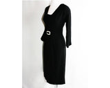 Size 8 Cocktail - Sleek 1950s Black Crepe Dress with Deco Shell Buckle - Elegant LBD - 50s Little Black Dress - Paul Sachs Label - Waist 27