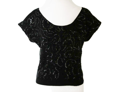 Size 10 Pullover - Sexy 1980s Calvin Klein Black Angora Sweater - Sequins Knit Top - On Shoulder - Off Shoulder - Medium - Bust 38 - 38164