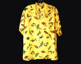 Size Large 1940s Men's Hawaiian Style Shirt - Florida Fishes Print Yellow Cold Rayon Top - Mens 40s Rarity - Royal Palm Tampa - Chest 46